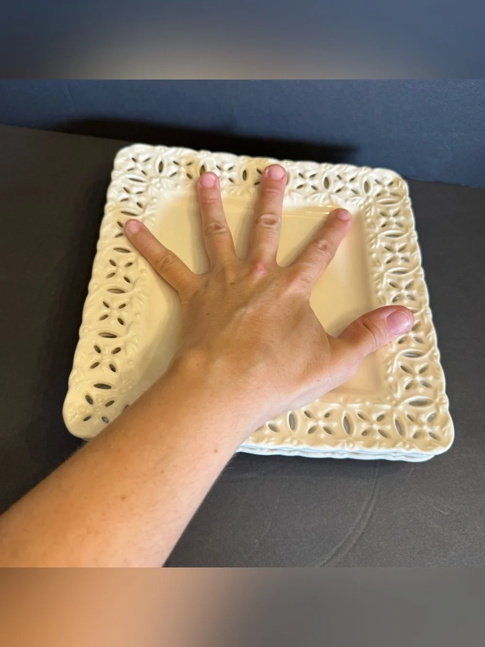 LOT of 3 L. Godinger &  Co. Square Desert Plates Ivory Lace Cut Out 8" - Picture 5 of 16